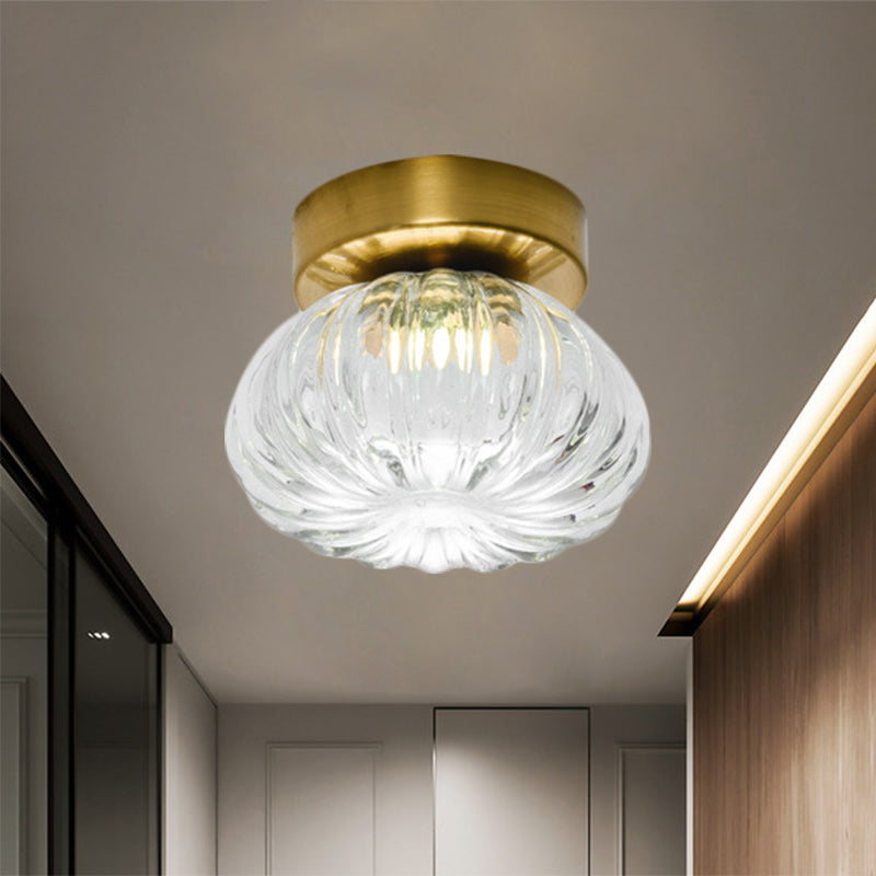 Plafonnier LED à tête unique en verre nervuré transparent/ambre à montage sphéroïde moderniste, 5,5"/11" de largeur