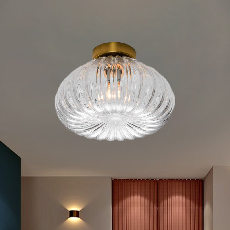 Plafonnier LED à tête unique en verre nervuré transparent/ambre à montage sphéroïde moderniste, 5,5"/11" de largeur