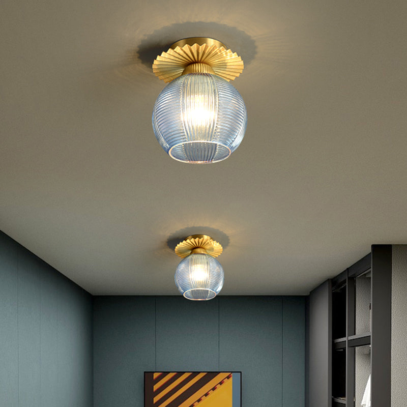 Global Semi Flush Contemporain Clair/Blanc/Bleu Prisme Verre Ampoule Unique Couloir Près du Plafonnier