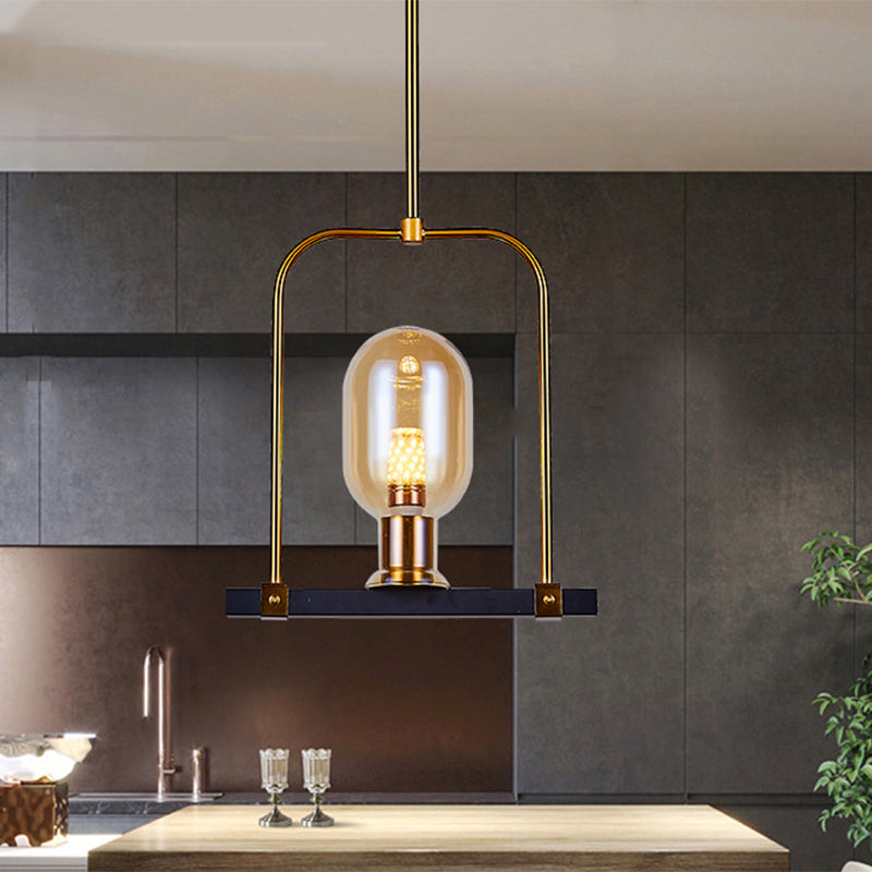 Oval Shape Pendant Lighting Post Modern Amber Glass Single Bulb Black-Gold Hanging Light Kit with Bird Cage Design