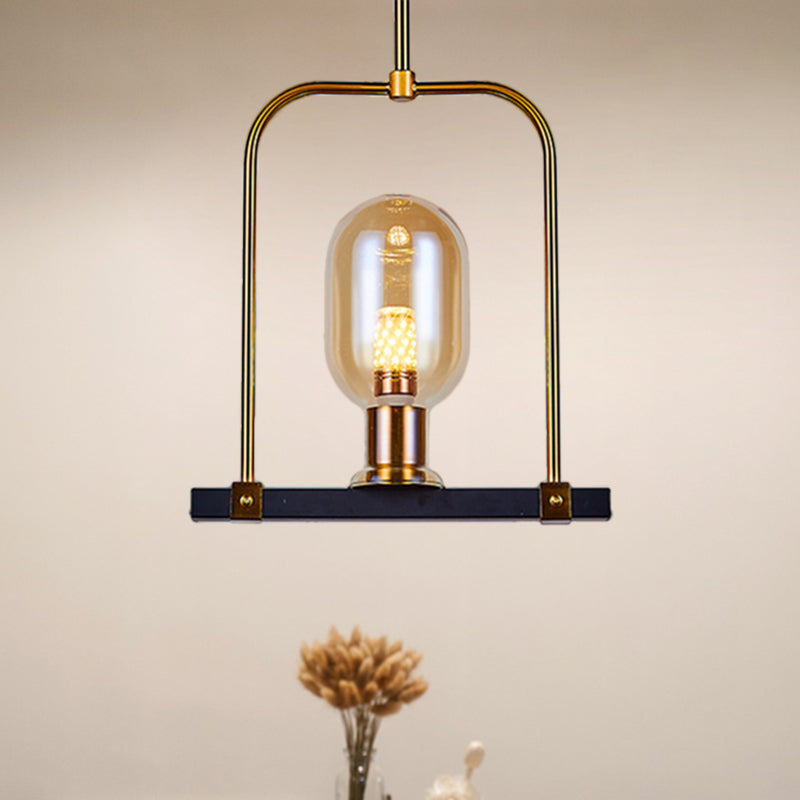 Oval Shape Pendant Lighting Post Modern Amber Glass Single Bulb Black-Gold Hanging Light Kit with Bird Cage Design