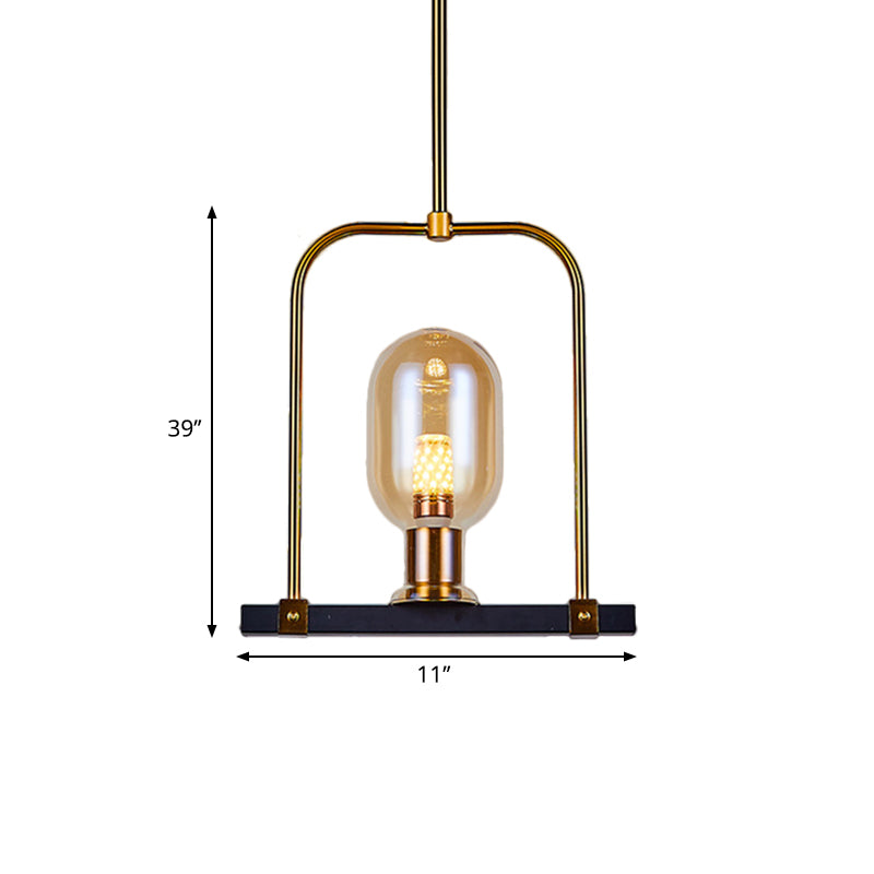 Oval Shape Pendant Lighting Post Modern Amber Glass Single Bulb Black-Gold Hanging Light Kit with Bird Cage Design
