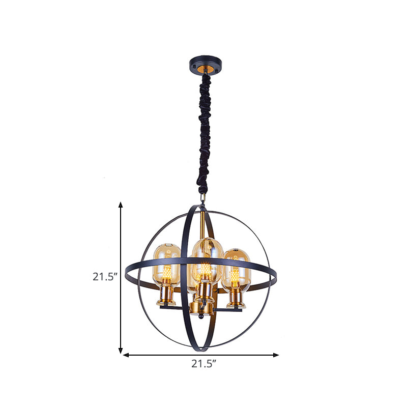 Amber Glass ellips hanger kroonluchter hedendaagse 4/6-licht black-gouden suspensielamp met orb frame ontwerp