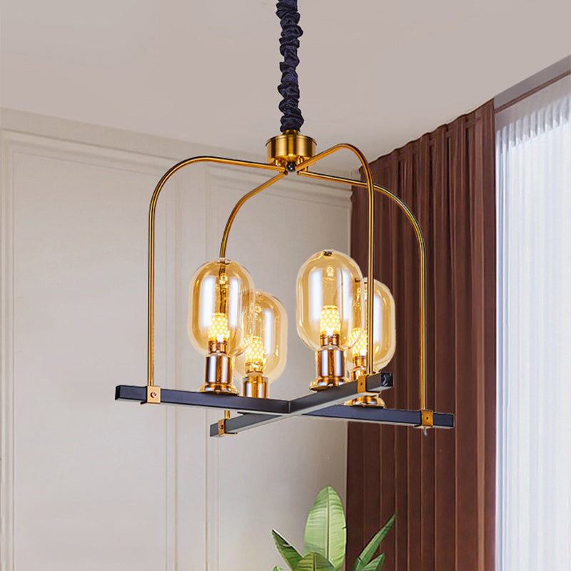 Black-Gold Oval Hanging Light Minimalism 4 Head Amber Glass Ceiling Chandelier with Metal Square Frame