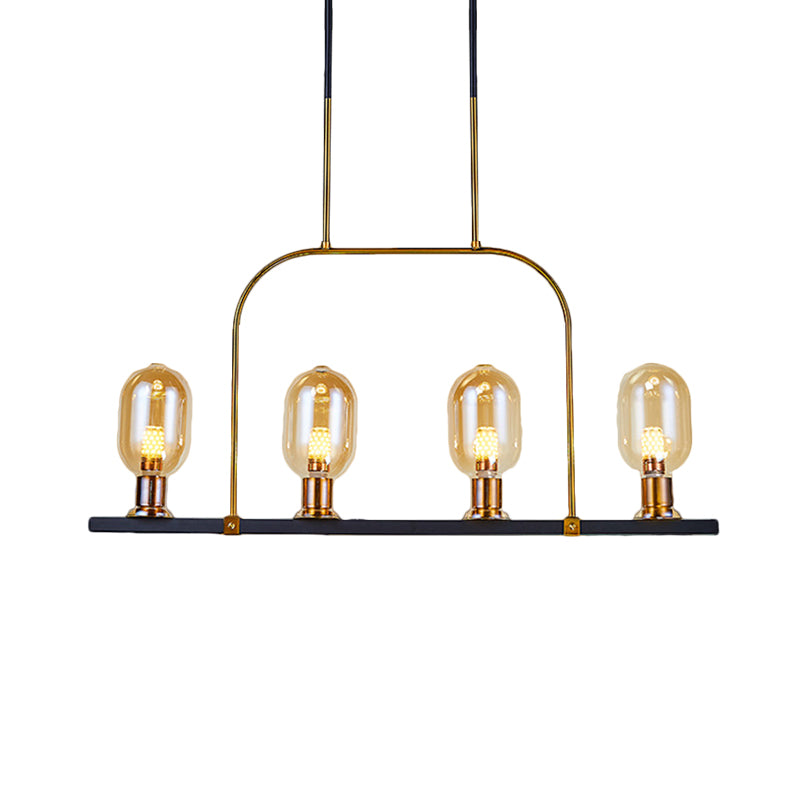 Bulb-Like Island Lighting Post Modern Amber Glass 4-Light Black-Gold Hanging Ceiling Lamp with Metallic Frame
