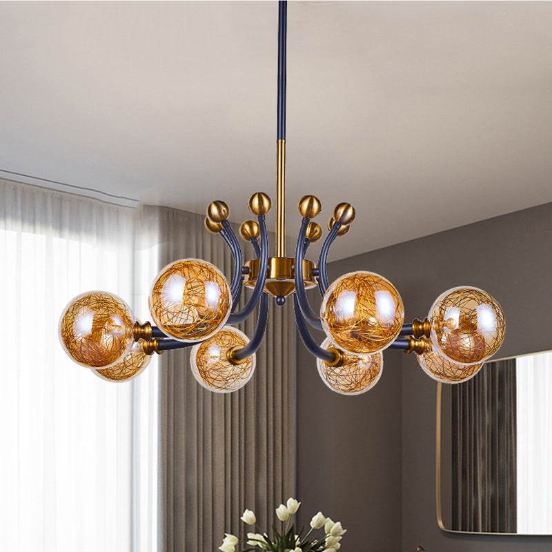 Amber Glass Global Pendant Lamp Minimalism 8/9 Heads Black-Gold Curvy Arm Ceiling Chandelier