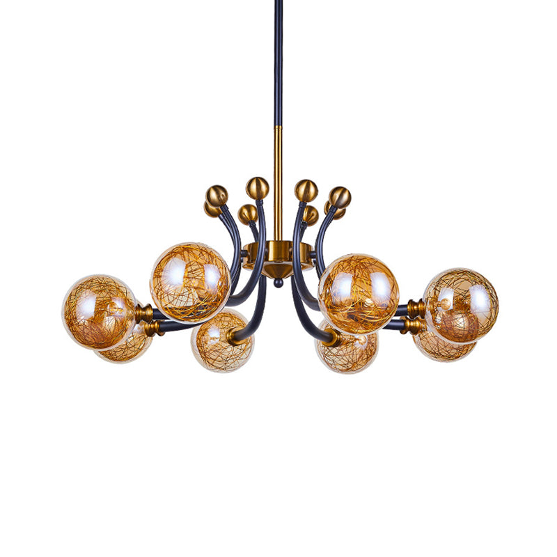 Amber Glass Global Pendant Lamp Minimalism 8/9 Heads Black-Gold Curvy Arm Ceiling Chandelier