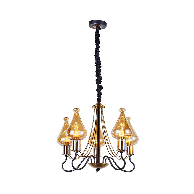 Black-gouden druppel kroonluchter lamp post modern 5/8 lichten Amber Glass Suspension Lighting voor eetkamer