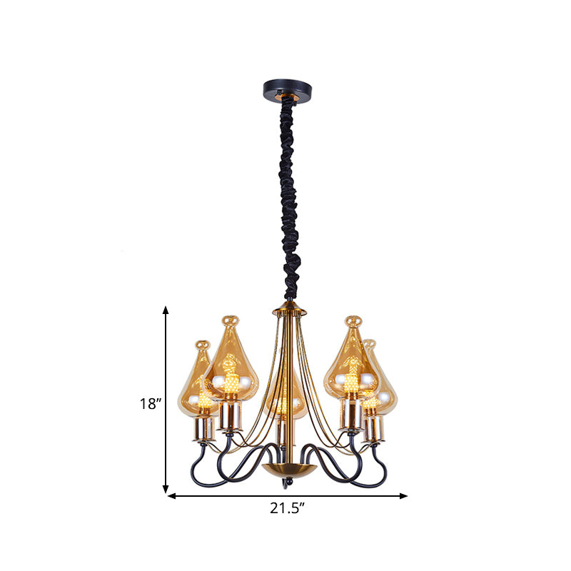 Black-gouden druppel kroonluchter lamp post modern 5/8 lichten Amber Glass Suspension Lighting voor eetkamer