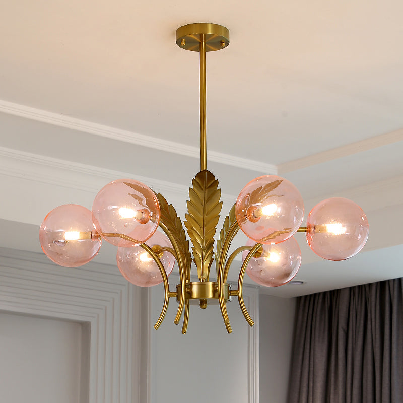 Bol plafondlamp eenvoud wit/roze/cognac glas 6-bulb salon led hangende kroonluchter met bladdecoratie