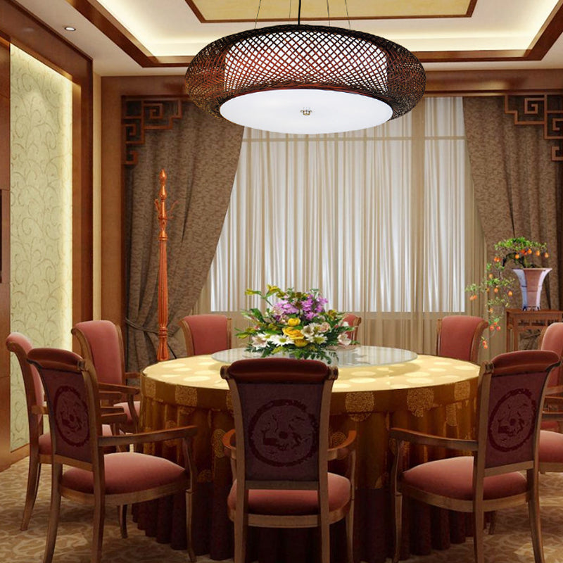 Lumière suspendue brune / bois à main avec ombre de tambour asiatique 1 lumière de suspension en bambou pour salle à manger