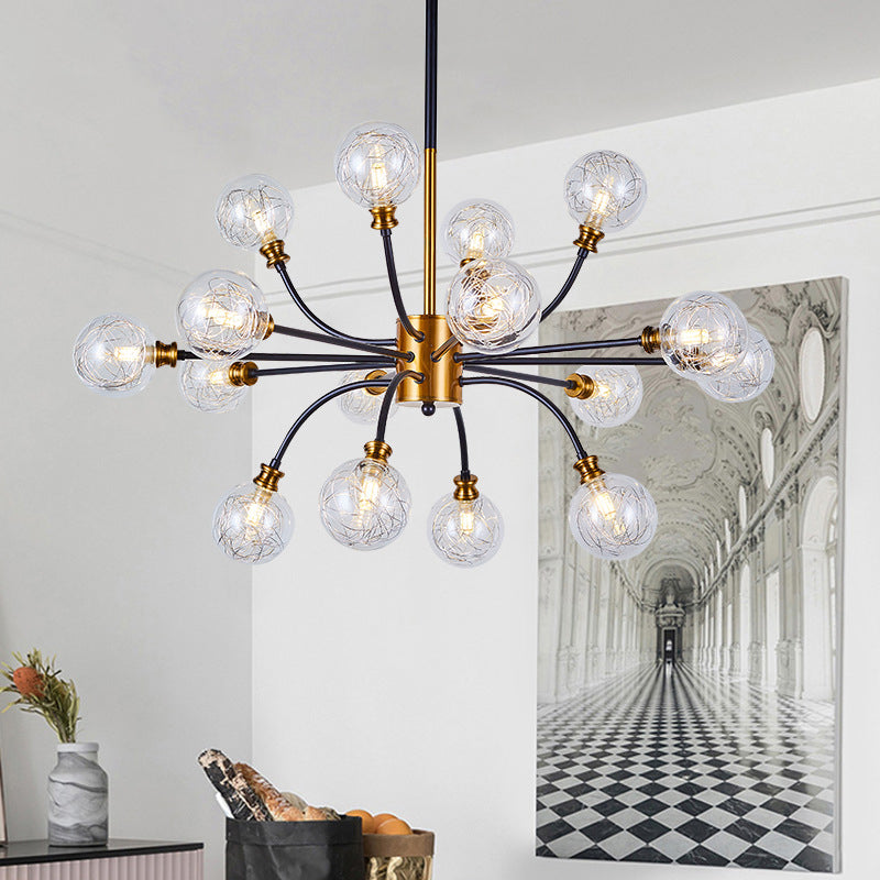 Bubble Suspended Lighting Post Modern Clear Glass 12/16-Light Black and Gold Ceiling Chandelier with Curvy Arm