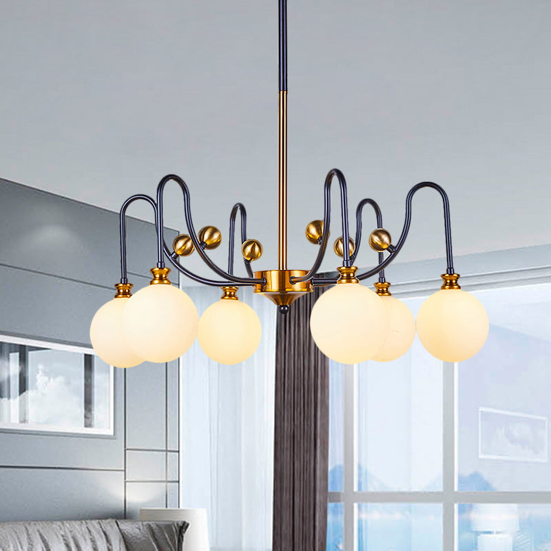 Spherical Down Lighting Modernist Opal Glass 6/9 Bulbs Black-Gold Curvy Arm Pendant Chandelier for Living Room