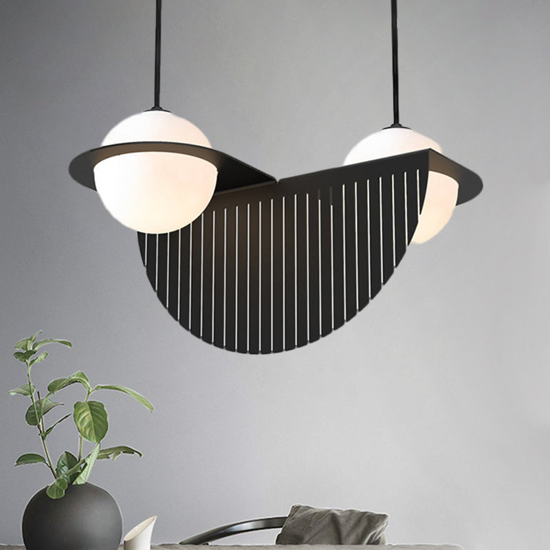 White Glass Global Ceiling Lamp Nordic Style 2 Bulbs Black Suspension Lighting Fixture with Semicircle Decor