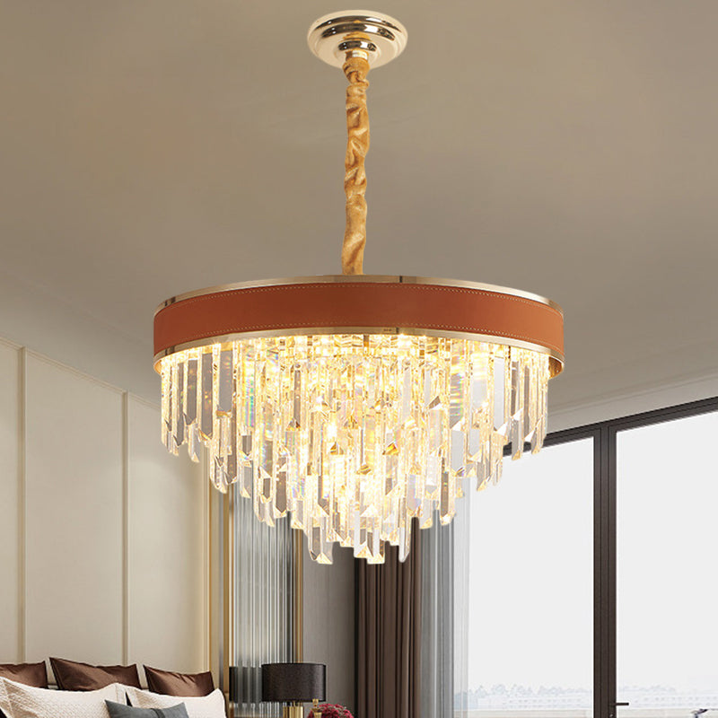 Braune Finish runde Kronleuchterlampe moderne Kristallprismen 8 Köpfe Wohnzimmer Suspension Anhänger Licht