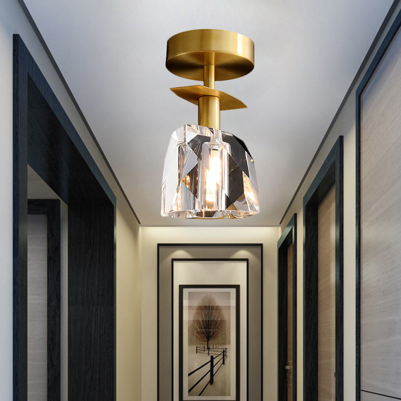 1 Bulbs Clear Bevel Cut Glass Ceiling Lamp Modern Brass Irregular Half Sphere Porch Semi Flush Light