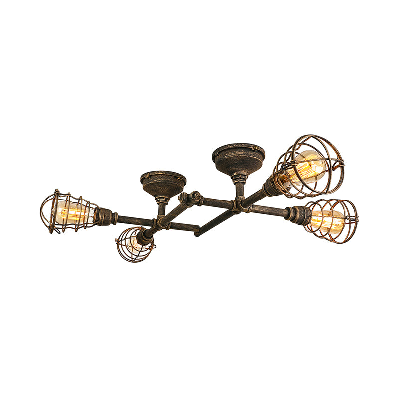 Jaula de alambre de latón, luz semiempotrada, hierro Industrial Vintage, 4/6/8 cabezales, iluminación de techo para sala de estar con tubo