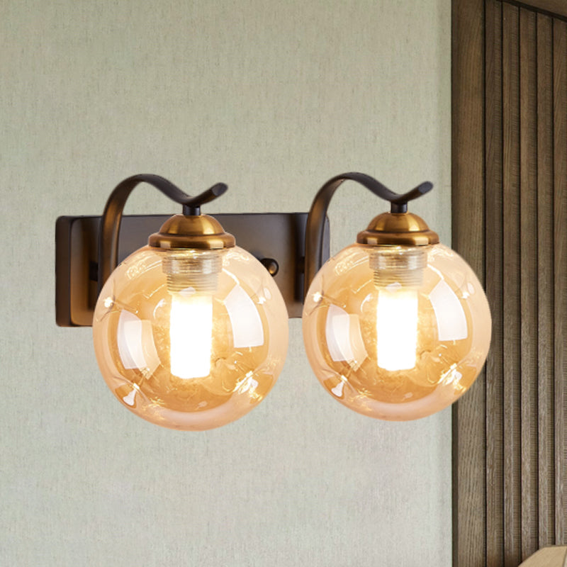 Modernist Bubbly Wall Sconce Amber/Smoke Gray Glass 1/2-Bulb Drawing Room Wall Mounted Light in Black/Gold