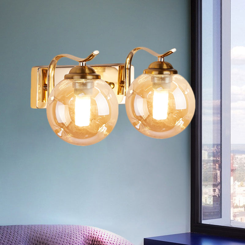 Modernist Bubbly Wall Sconce Amber/Smoke Gray Glass 1/2-Bulb Drawing Room Wall Mounted Light in Black/Gold