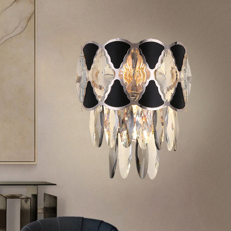 Clear 3 Bulbs Sconce Light Fixture Contemporary Crystal Oval Drops Tapered Flush Mount with Black Triangular Ornament
