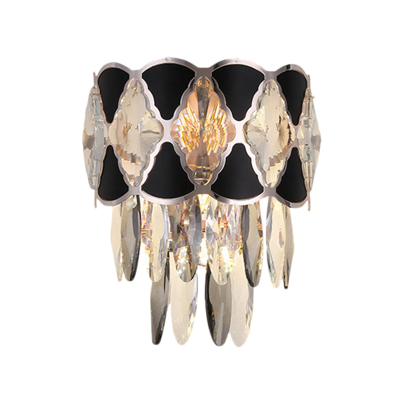 Clear 3 Bulbs Sconce Light Fixture Contemporary Crystal Oval Drops Tapered Flush Mount with Black Triangular Ornament