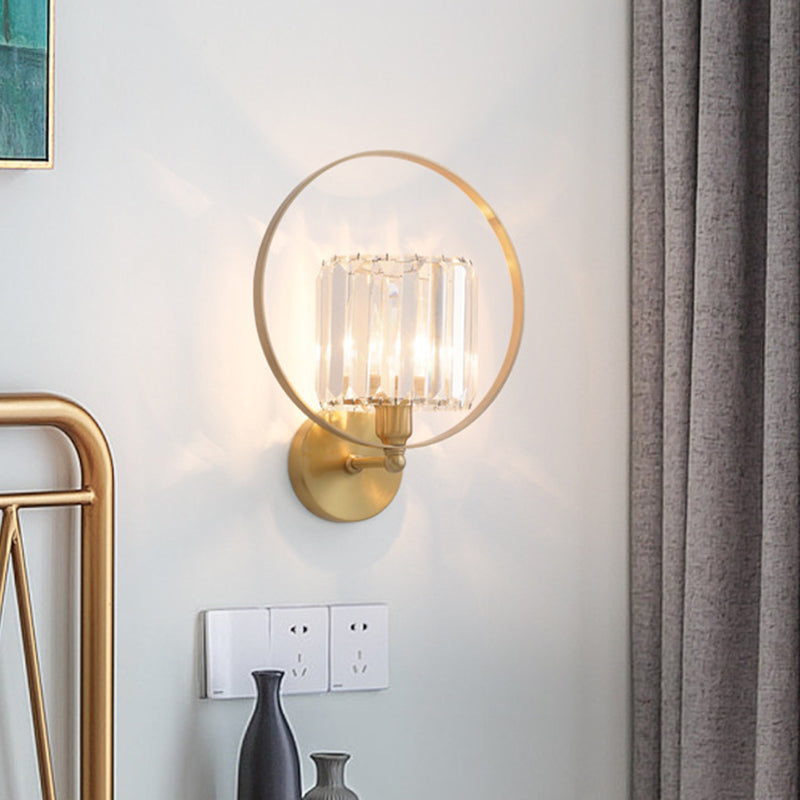 Clear Crystal Blocks Gold Wall Light Sconce Ring Frame 1 Bulb Contemporary Wall Mount Lamp