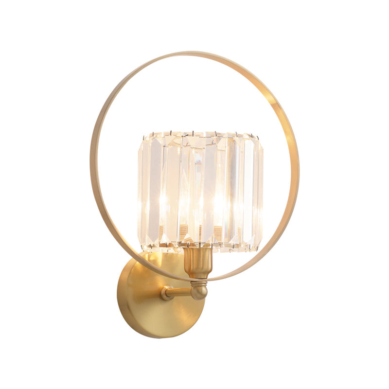 Clear Crystal Blocks Gold Wall Light Sconce Ring Frame 1 Bulb Contemporary Wall Mount Lamp