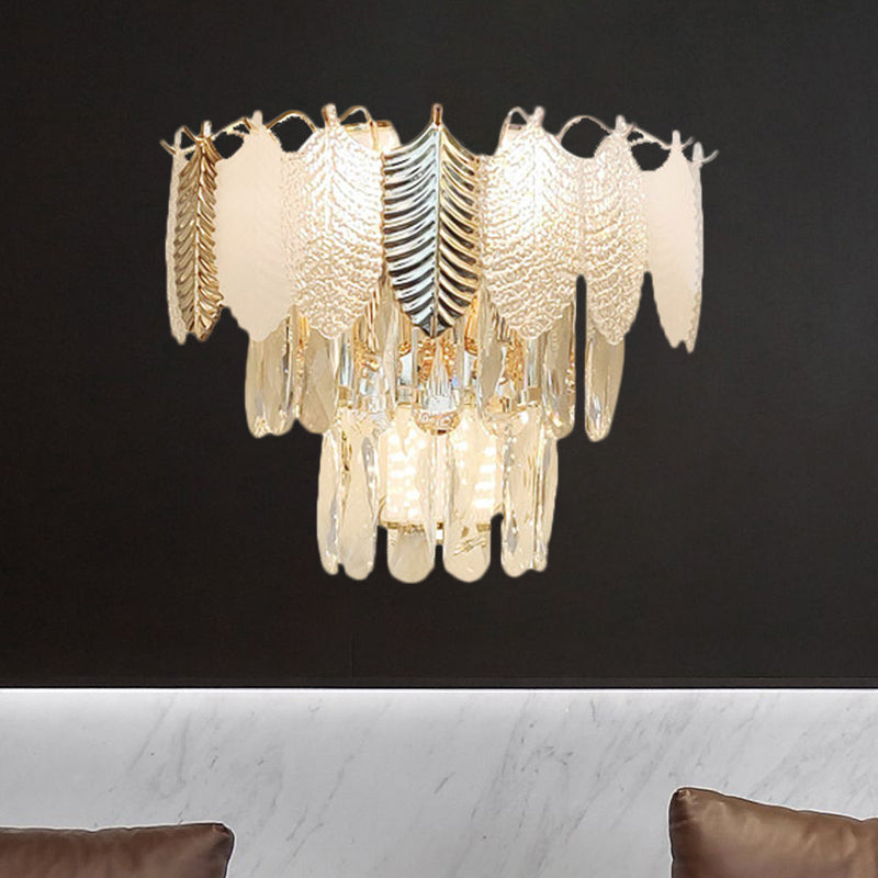 3 têtes appicin de mur effilé Light Light moderne Clear Crystal Murd Murd Murd With Golden and Acrylic Feuilles
