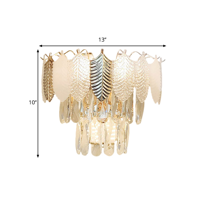 3 têtes appicin de mur effilé Light Light moderne Clear Crystal Murd Murd Murd With Golden and Acrylic Feuilles