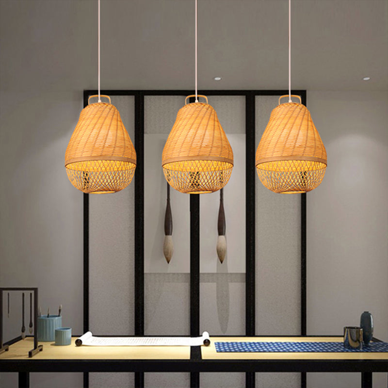 Bird Cage Bamboo Hanging Light Asian Style 1 Light Beige Drop Ceiling Light for Dining Room