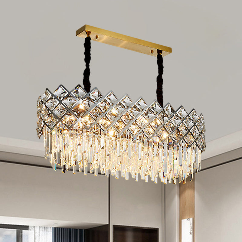 Contemporary Oval Shape Island Light Fixture 10 Bulbs Clear Crystal Prisms Ceiling Suspension Lamp