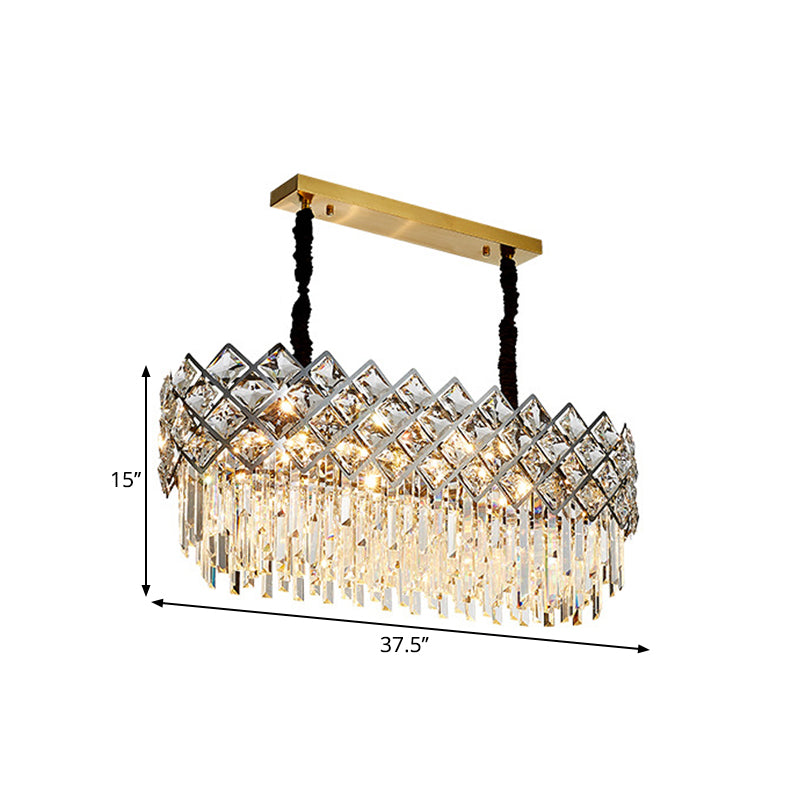 Contemporary Oval Shape Island Light Fixture 10 Bulbs Clear Crystal Prisms Ceiling Suspension Lamp