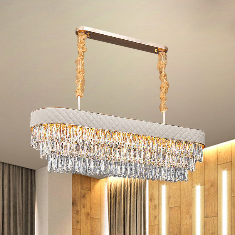 Drum Crystal Drops Island Lighting Modern 12 Heads Dinning Room Pendant with White Leatherwear Detail