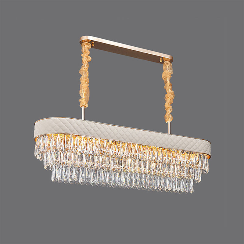 Drum Crystal Drops Island Lighting Modern 12 Heads Dinning Room Pendant with White Leatherwear Detail