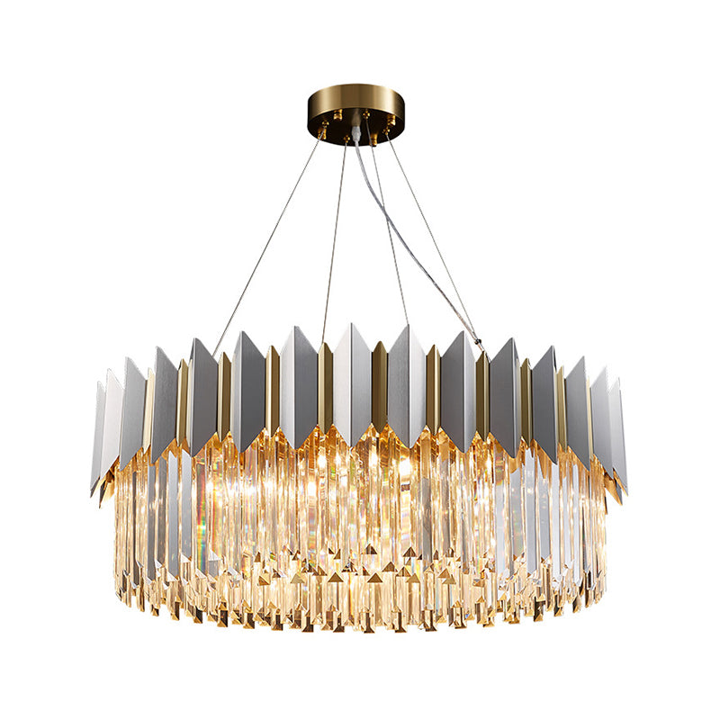 Contemporary Round Ceiling Pendant 8 Heads Clear Crystal Prisms Chandelier Light Fixture in Gold