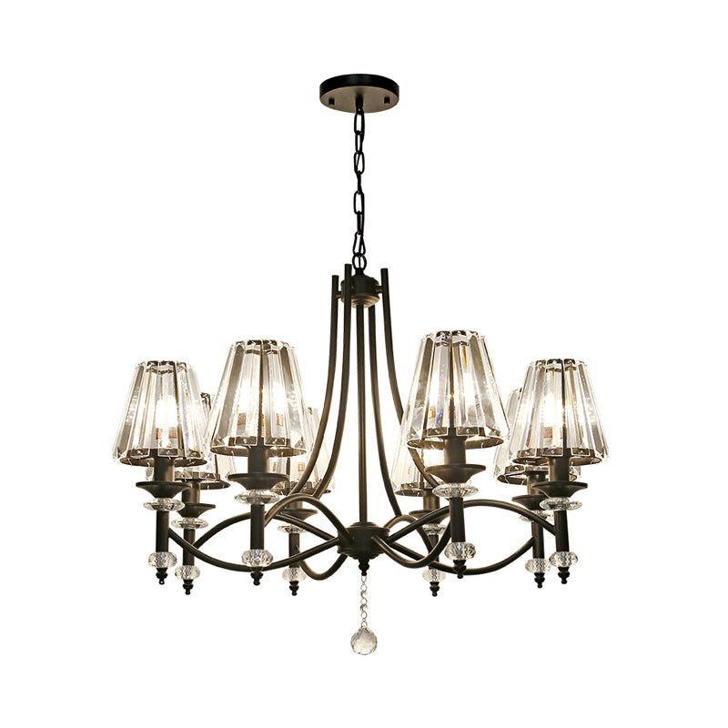 8 Heads Hanging Light Fixture Modern Swirled Arms Crystal Tapered Shade Chandelier in Black with Rounded Glass Ball