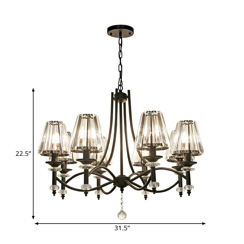 8 Heads Hanging Light Fixture Modern Swirled Arms Crystal Tapered Shade Chandelier in Black with Rounded Glass Ball