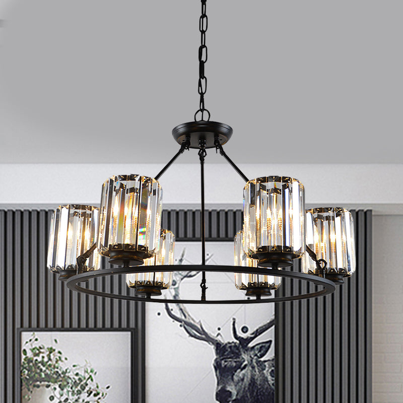 Contemporary Ring Ceiling Chandelier 6/8 Bulbs Clear Crystal Cylinder Shade Suspension Lamp in Black