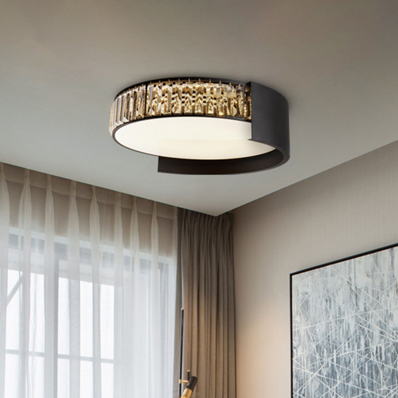 LED Round Flush Mount Modern Black Finish Crystal Blocks Ceiling Lamp in White/Warm Light, 16"/23.5" Wide
