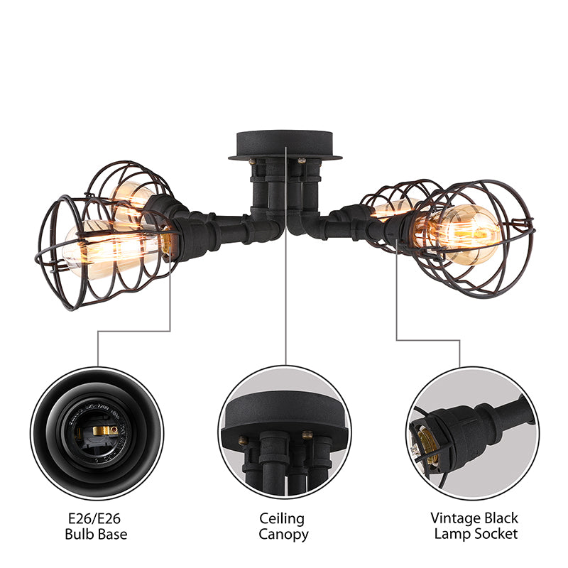 Black/Bronze 4/6/8 Bulbs Ceiling Lamp Farmhouse Metal Twisted Pipe Semi Flush Light Fixture for Restaurant