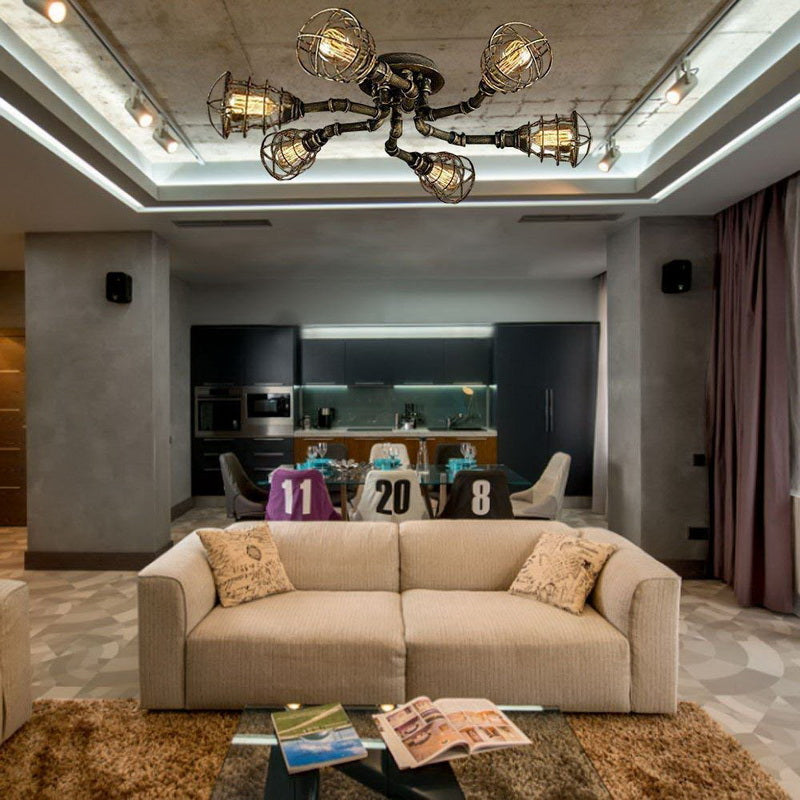 Black/Bronze 4/6/8 Bulbs Ceiling Lamp Farmhouse Metal Twisted Pipe Semi Flush Light Fixture for Restaurant