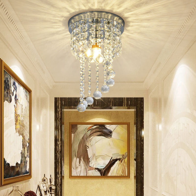 1 Bulb Flush Mount Lamp Modern Round Clear Crystal Strands Spiral Light Fixture Ceiling