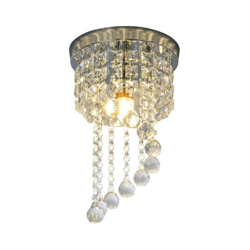 1 Bulb Flush Mount Lamp Modern Round Clear Crystal Strands Spiral Light Fixture Ceiling