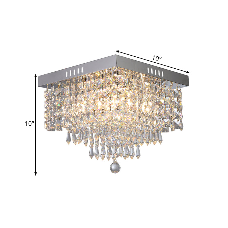 Square Corridor Ceiling Fixture Contemporary Crystal Beads 2/4 Heads Clear Flush Mount Lighting, 10"/12" Width
