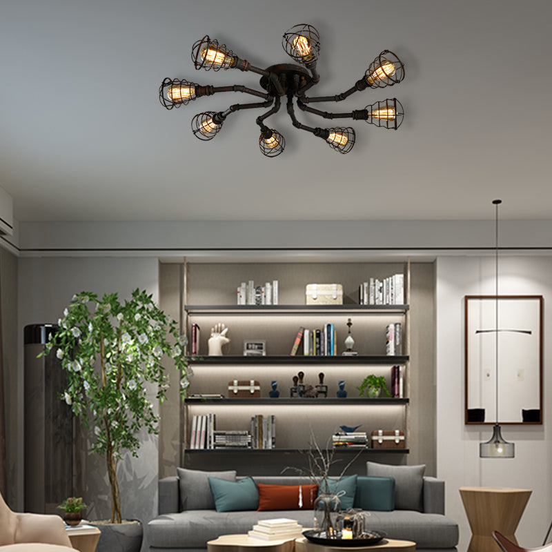 Black/Bronze 4/6/8 Bulbs Ceiling Lamp Farmhouse Metal Twisted Pipe Semi Flush Light Fixture for Restaurant