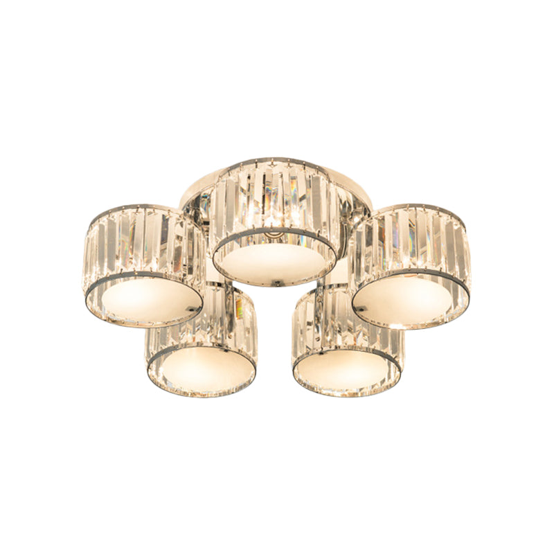 Moderne trommelschaduw plafond gemonteerd armatuur 5/6 hoofden helder kristal spoelmontage lamp voor woonkamer