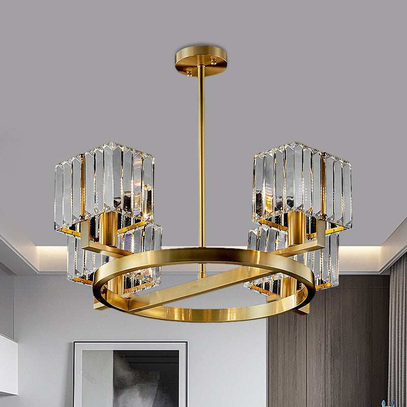 4/6 Bulbs Ring Frame Semi Flush Chandelier Modern Clear Crystal Cubic Shade Flush Mount Lighting in Gold