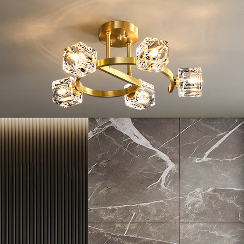 Cubic Clear Crystal Shade Deckenleuchte Contemporary 5/7 Heads Bedkammer Semi Flush Light in Gold
