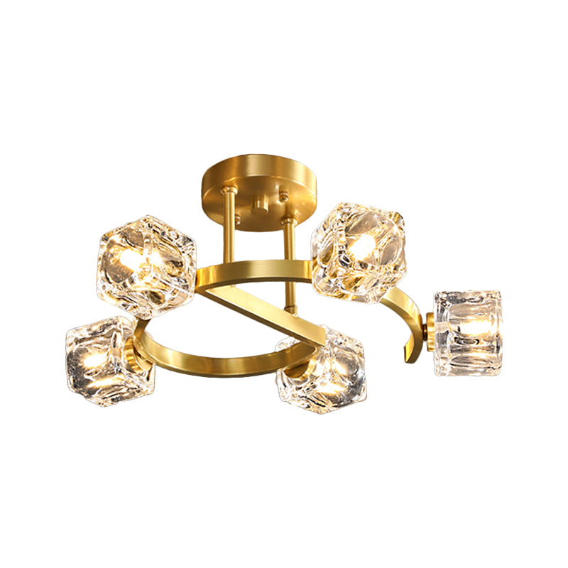 Cubic Clear Crystal Shade Deckenleuchte Contemporary 5/7 Heads Bedkammer Semi Flush Light in Gold