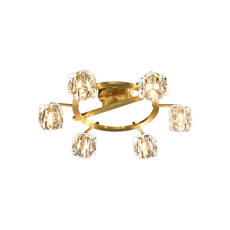 Gold Ring Semi-Flush Mount Modern Clear Crystal Cube Shade 6/8 Bulbs Great Room Ceiling Mounted Light
